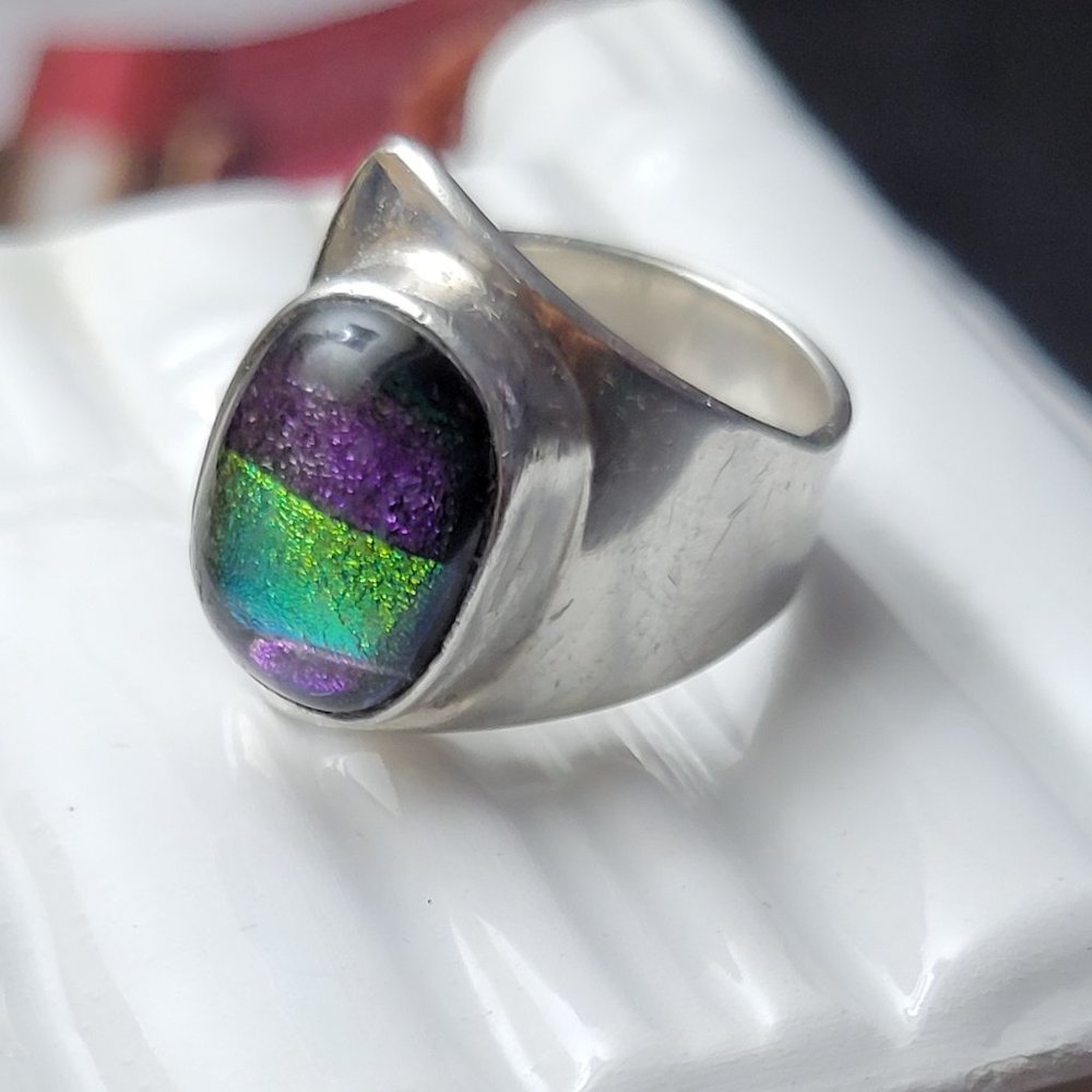 Mexico Artisan Ring crafted in 925 Sterling Dichroic GLASS ART MODERNIST SIZE 8